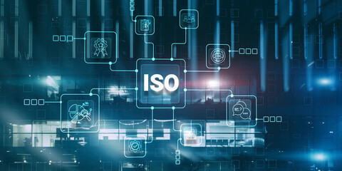 Quality standards ISO business technology concept on city background