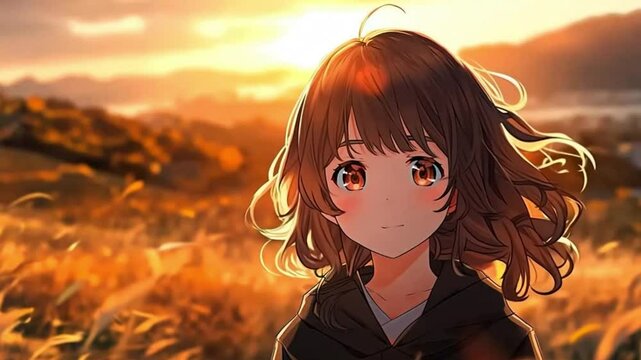 Kawaii girl smiling at sunset breeze in tranquil field. In the style of anime portrait.