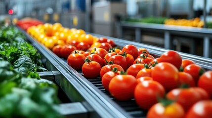 Fresh vegetables swiftly rolling down a conveyor belt in a modern processing facility, showcasing food industry technology