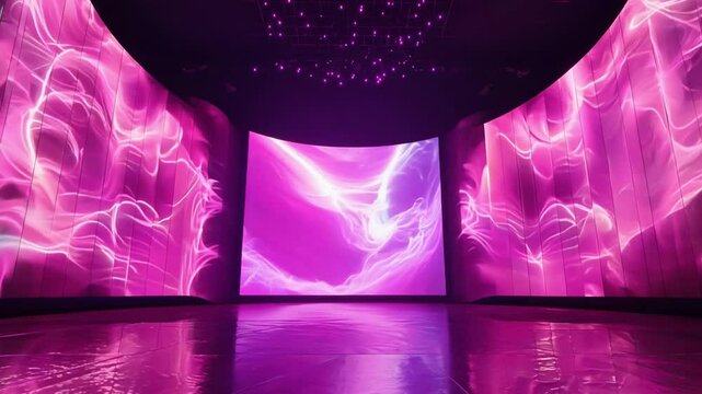 A vibrant stage setup featuring dynamic purple visuals at an immersive event venue