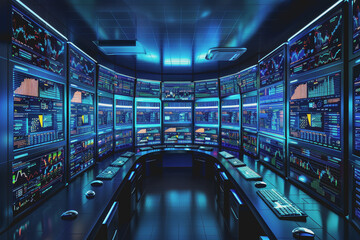 Obraz premium A room full of computer screens displaying complex financial analysis and real-time stock charts.