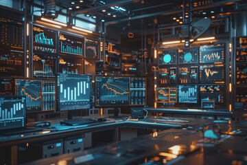 Fototapeta premium A room full of computer screens displaying complex financial analysis and real-time stock charts.