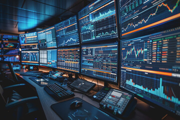 A room full of computer screens displaying complex financial analysis and real-time stock charts.
