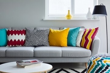 Gray sofas, window, and shelving unit in a modern living room