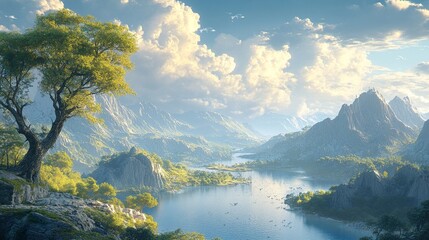 Serene Mountain Landscape with River and Lake