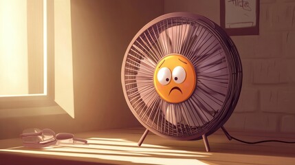 Tired cartoon fan slowly spinning with sleepy eyes, exhausted after cooling down the room all day.