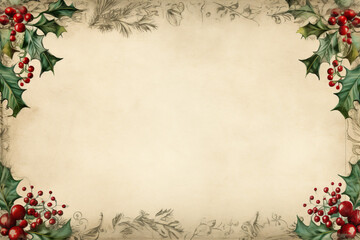 Vintage Christmas greeting card with a paper frame, featuring a festive illustration of a fir tree branch with winter flowers and a grunge texture,Generated By Ai