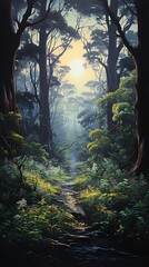 Naklejka premium Sunlight filters through a dense forest, illuminating a serene path surrounded by lush greenery and towering trees.