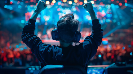 Gamer celebrates victory in exciting e-sports tournament arena