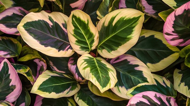 a close-up of a group of leaves from a plant. The leaves have a striking pattern with a mix of colors. The central part of each leaf is a deep green, surrounded by a lighter green or cream-colored bor