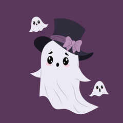 A bashful ghost in a gentleman hat. Festive character on coloured background. Halloween. Illustration in hand drawn style.
