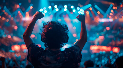 Energetic crowd celebrating at a vibrant esports event with colorful lighting