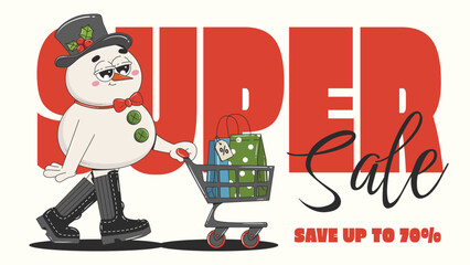Christmas sale banner design with cute snowman. Template for social media post, website and advertisement. Groovy style vector illustration.