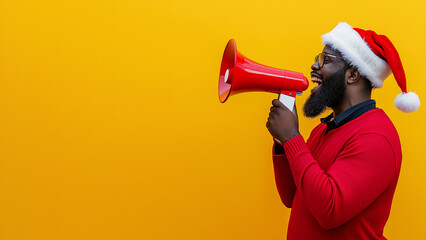 Black man. A person shouting through a megaphone. Discounts, Promotions, Black Friday,...