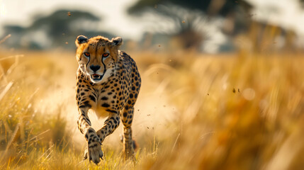Majestic cheetah running through grasslands at golden hour