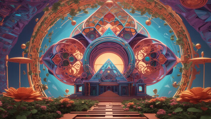 Obraz premium A vibrant, ornate, symmetrical space with gold, blue, and orange details. Shapes like triangles and circles are prominent. Gardens are visible.