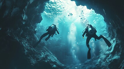 Diver exploring underwater rocky cave in deep sea.