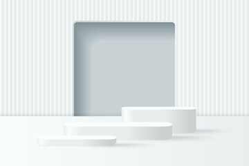Obraz premium Abstract 3D white podium background. Modern minimalist mockup for product display presentation. Realistic white cylinder pedestal podium.