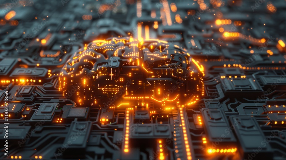 Poster glowing circuits forming an artificial brain