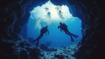 Diver exploring underwater rocky cave in deep sea.