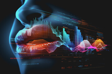 Close-up a mouth and a voice analysis interface, with transparent data charts and soundwave graphics