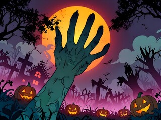 Zombie Hand Rising Out and Halloween pumpkin Of garden forest ai generated