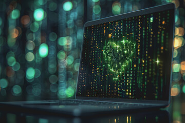 Obraz premium Laptop screen with binary code in heart shape going out of the screen, technological center.