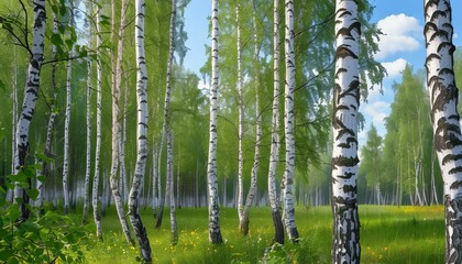 Obraz premium a clearing in the forest in a birch grove on a bright sunny day