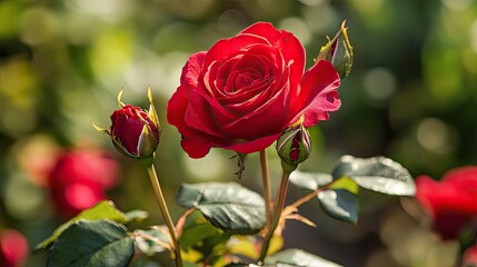 Obraz premium A beautiful unopened red rose in full bloom, the focus on the intricate details of its petals, providing ample space for romantic