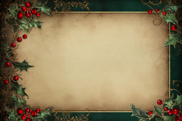 Vintage Christmas greeting card with fir tree illustration, framed by holly branches and winter foliage, perfect for holiday celebrations,Generated By Ai