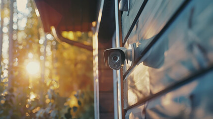 Security camera mounted on house wall for outdoor surveillance, background