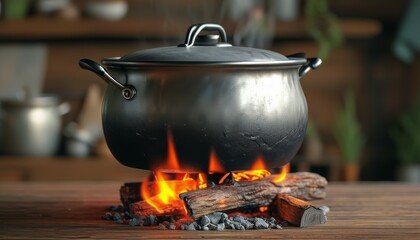 a cast-iron cauldron with a lid stands on a burner burning with a yellow flame in the kitchen