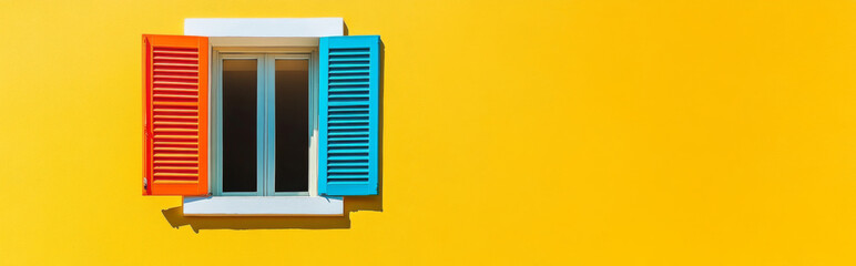 Window with open shutters on bright yellow wall background