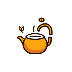 An orange tea pot with a leaf on top and a cup next to it. 