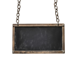 A hanging blackboard or signboard with chains isolated on transparent PNG or white background.