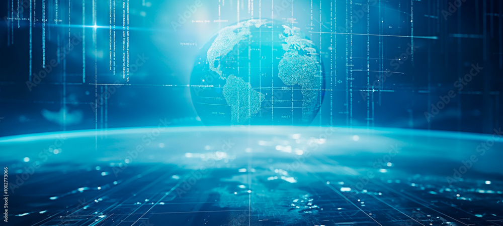 Poster futuristic earth with glowing data streams in cyberspace. concept of global connectivity with digita