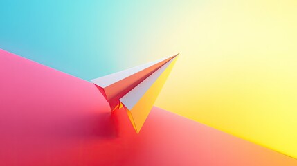 A bright, minimalistic scene featuring a paper plane soaring through a colorful background, symbolizing creativity