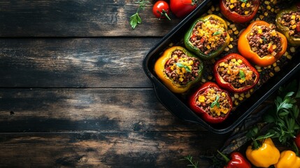 A black baking dish filled with bell peppers stuffed with ground beef, corn, and cheese sits on a wooden table.