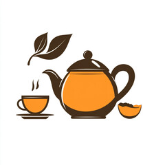 An orange tea pot with a leaf on top and a cup next to it. 