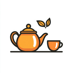 An orange tea pot with a leaf on top and a cup next to it. 