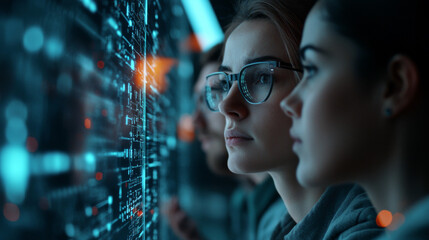 Group of focused people analyzing digital data on futuristic screens