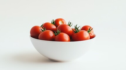A bowl filled with pickled tomatoes, set against a plain white backdrop.