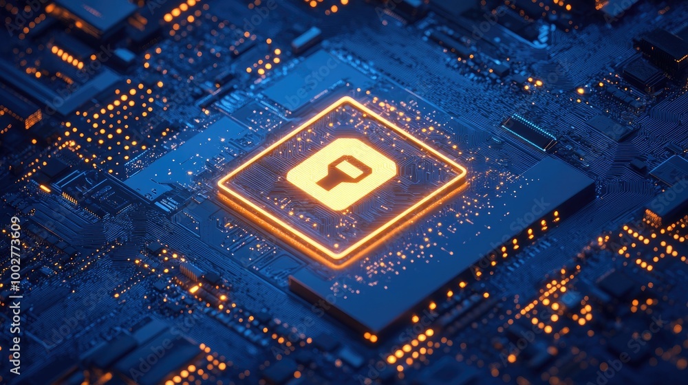 Poster a circuit board glowing with an encryption symbol in blue and orange tones, illustrating themes of t
