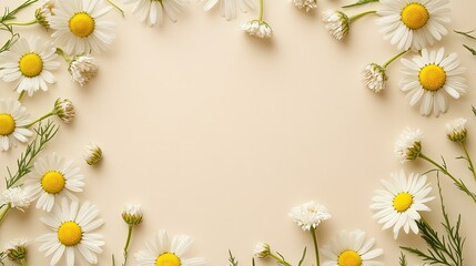 Obraz premium A circular arrangement of chamomile daisies on a light beige background with ample room for text, perfect for a summer-themed banner