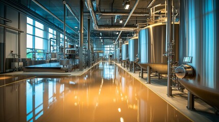 A modern brewing facility with large steel tanks and reflective floors, showcasing a clean, industrial environment filled with natural light.