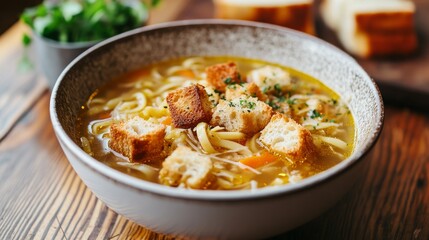 A bowl of chicken noodle soup, topped with crunchy croutons, sits on a wooden table.