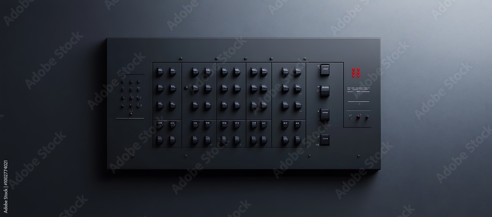 Poster black control panel with numerous buttons and knobs