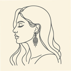 Hand drawn line art Woman Face Wearing Jewelry
