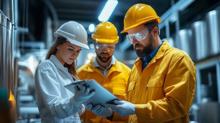 Three workers in safety gear examine a document in a factory setting, showcasing collaboration and attention to detail in an industrial environment.
