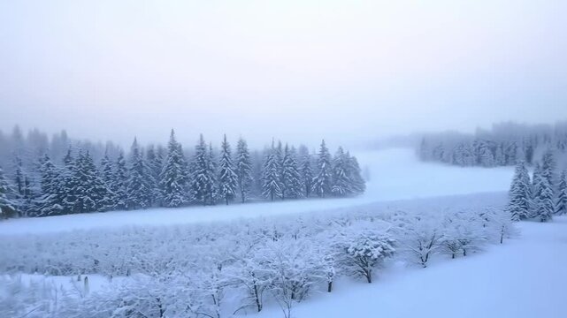 Frosty winter morning with snow-covered fields and horizon